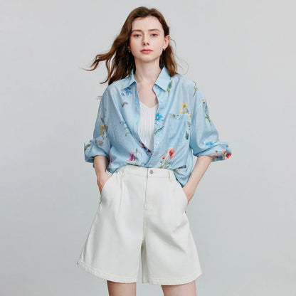Women Shirts 2026 Summer New Linen Lyocell Print Fresh Mid Length Floral Blouse Tops