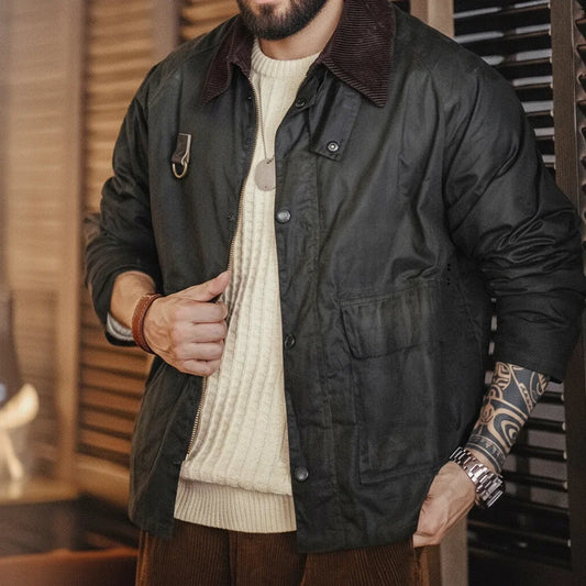 Vintage Spey Waxed Fishing Jacket Distressed Outdoor Corduroy Collar with Pockets Coat for Men's Autumn Classic Overcaot