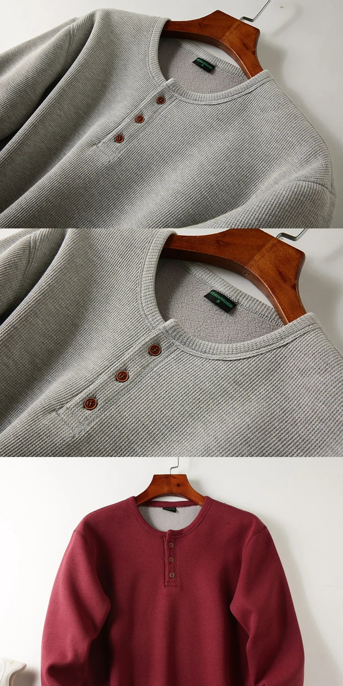 Men's Fleece - Lined Thickened Long - Sleeved Henley Neck Waffle Knit T - Shirt