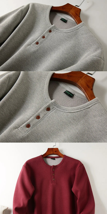 Men's Fleece - Lined Thickened Long - Sleeved Henley Neck Waffle Knit T - Shirt