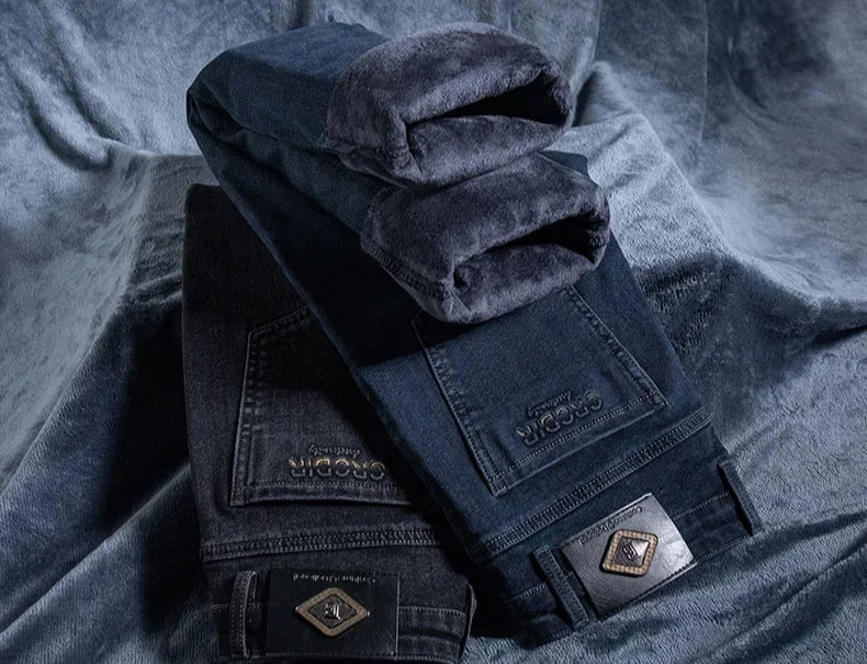 Men's Thicken Fleece Straight Jeans Winter Business Casual Stretch Denim Pants Warm Plush Brand Trousers Pans Male Classic