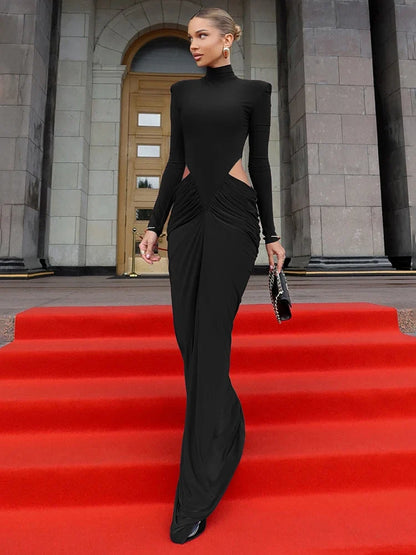 Nibber Hipster Waistless Ruched Elegant Dress Woman Autumn Style Turtleneck Full Sleeve Hollow Design Prom Party Long Bodycon