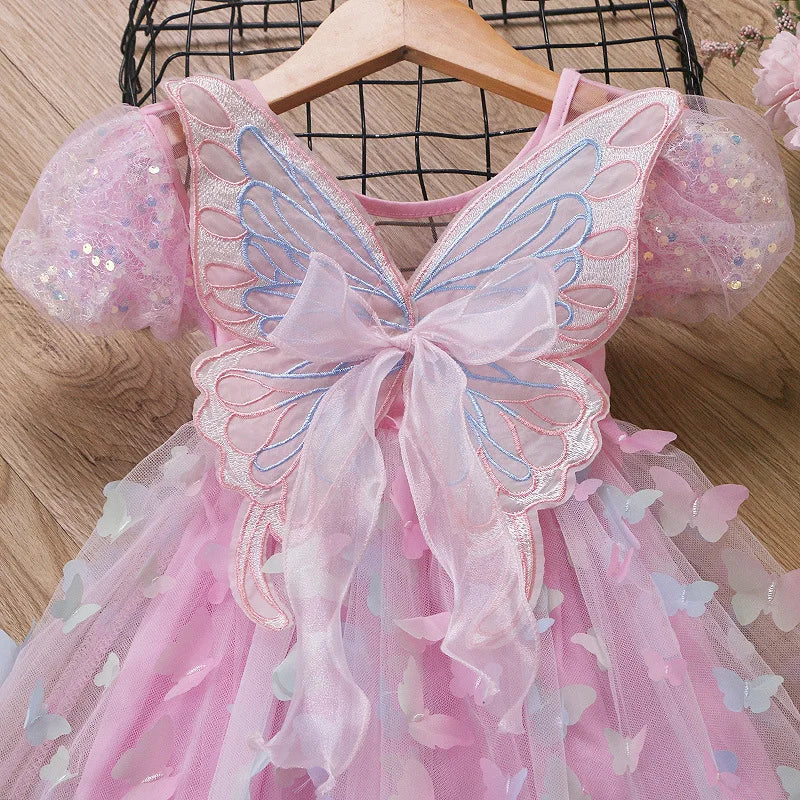 Baby Girls Butterfly Wings Fairy Gauze Princess Puff Sleeve Dress Lovely Kids Summer Tulle Dress Child Birthday Party Gown Dress