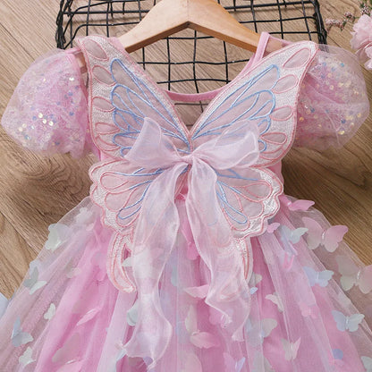 Baby Girls Butterfly Wings Fairy Gauze Princess Puff Sleeve Dress Lovely Kids Summer Tulle Dress Child Birthday Party Gown Dress