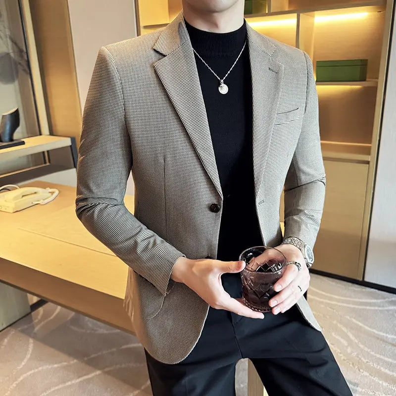 Korean Vintage Elegant Men's Business Slim Fit Suit Jacket 2026 New Fashion Lapel Single Breasted Men Social Party Dress Coats