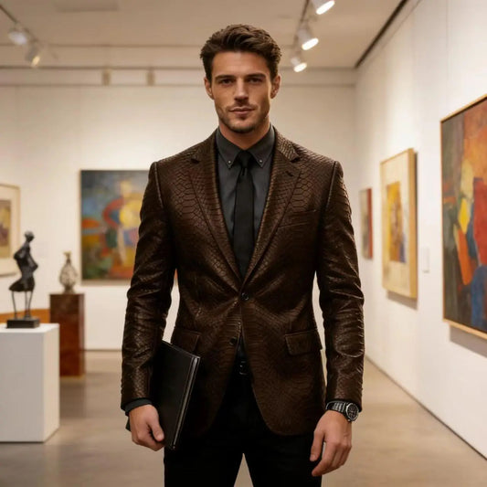 Men's Luxury Crocodile Pattern Leather Blazer Slim Fit Two Button Notch Lapel Suit Jacket Business Casual Wedding Tuxedo Dress