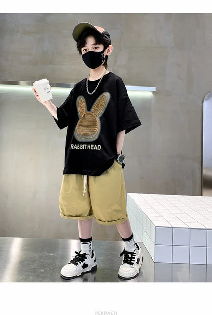 Cartoon Rabbit Boys Summer Clothing Two Piece Set Outfits Short Sleeved T-shirt Shorts Tracksuits Kids Children Casual Costumes