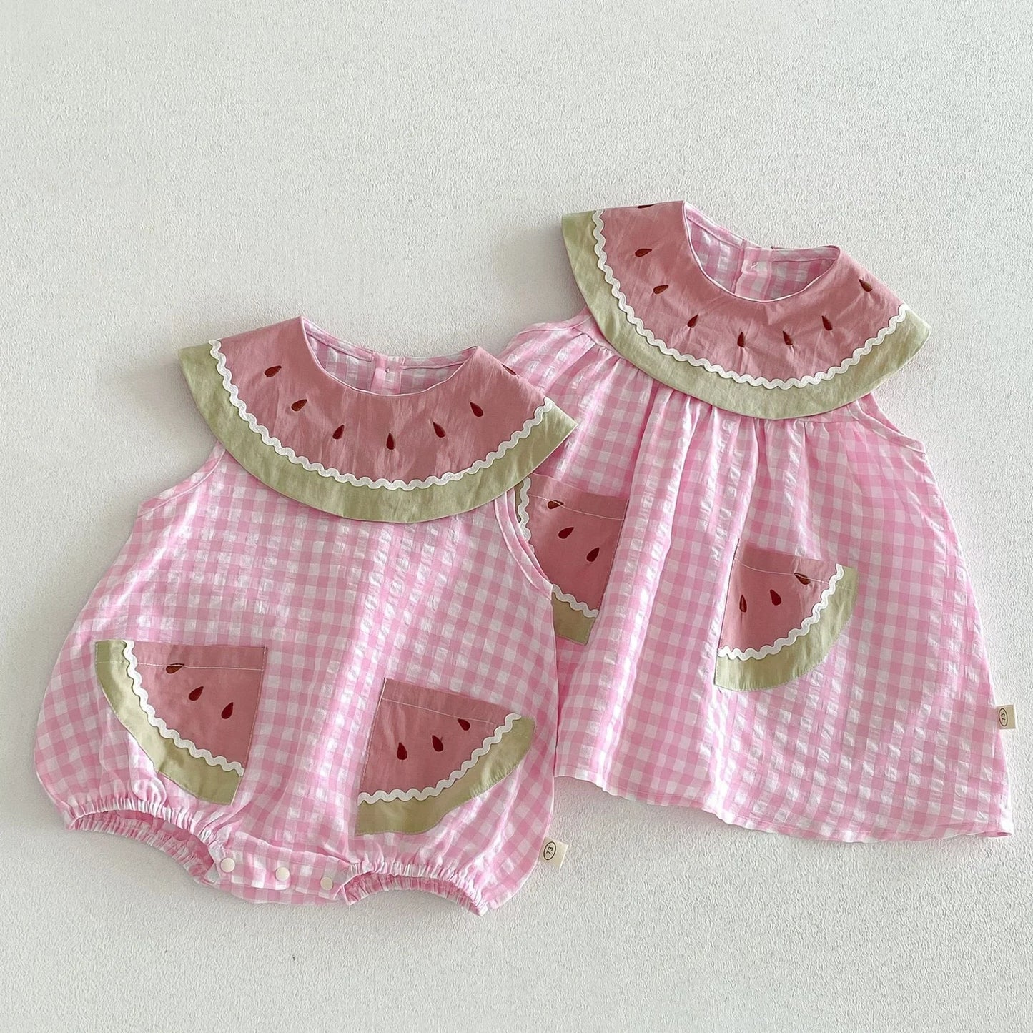 2026 New Summer Sweet Style Kids Dress Pink Watermelon Plaid Dress for Girls Sleeveless Lightweight Children Clothes