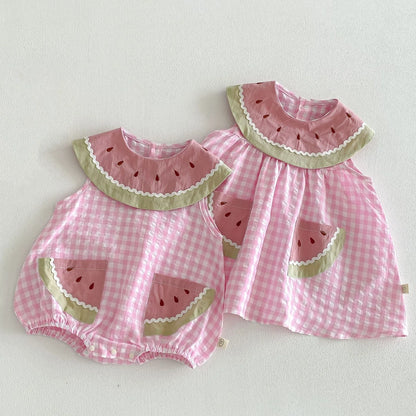 2026 New Summer Sweet Style Kids Dress Pink Watermelon Plaid Dress for Girls Sleeveless Lightweight Children Clothes