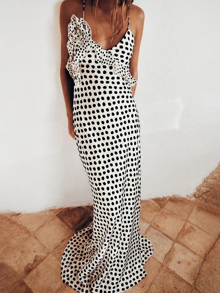 Sexy Backless  Print Dots Flower Women Maxi Dress Spaghetti Strap Evening Dress Autumn Skinny Elegant Party Clubwear