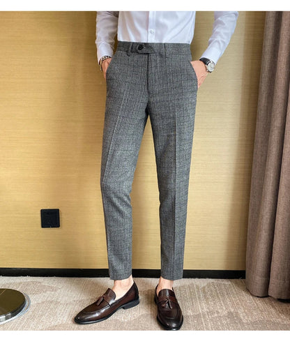 Boutique Classic Plaid and Striped Fashion Men's Casual Business Slim Suit Pants Groom Wedding Dress Trousers Party