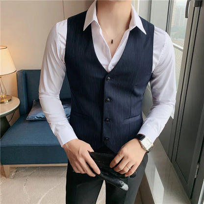 Plus Size 7XL 6XL 5XL Men's Fashion Striped Suit Vest British Style Business Work Slim Fit Wedding Social Sleeveless Vest