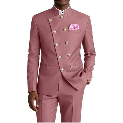 Men's Chinese Style Suit 2 Piece Brown Mandarin Collar Double Breasted With Gold Buttons Formal Jacket Pants For Business Weddin