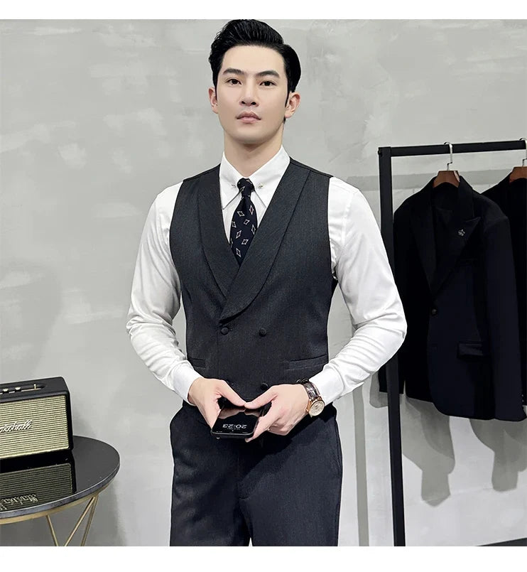 High-end Double-breasted Suit Vest With Pants 2024 New Men Fashion Slim Business Casual Best Groom Wedding Dress Vest  2 Pcs Set