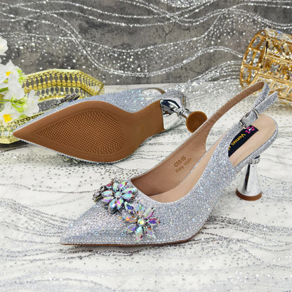 Olive-Green Pointed-Toe Women's High Heels Shoes and Bags for Party Rhinestone Evening Elegant Luxury Handbag