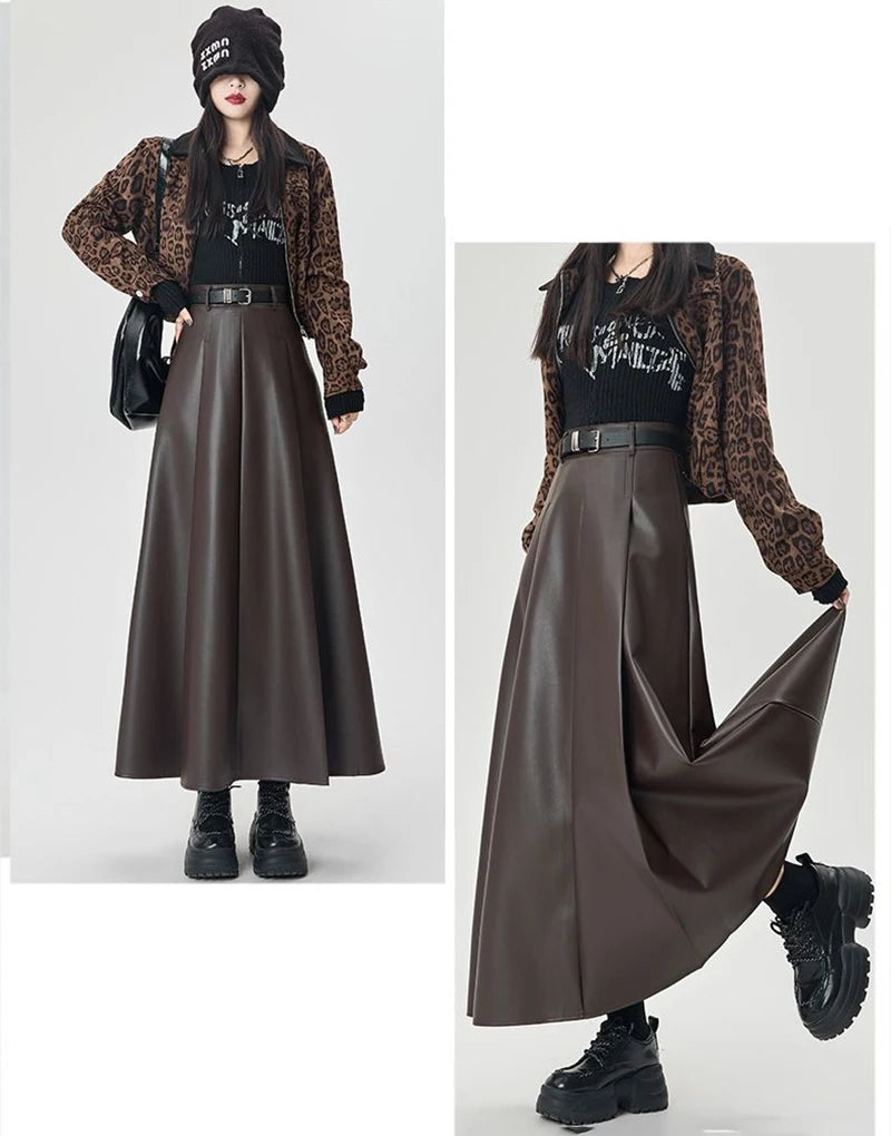 Vintage PU leather women midi skirts Y2K Autumn high waist Streetwear with belt pleated Skirt female elegant Solid A line skirts