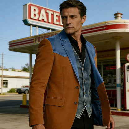 Men's Vintage Suede Blazer Notch Lapel 2 Button Denim Shoulder Collar Patch Jacket Business Casual Daily Wear Coat for Gentlemen