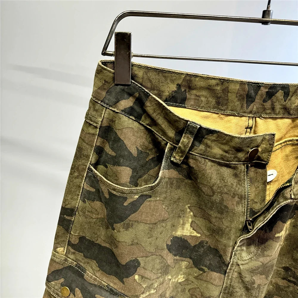 High Quality Vintage Multi-Pocket Camo Cargo Pants Mens Clothing High-End Fabric Tactical Baggy Pants Thick Casual Work Trousers