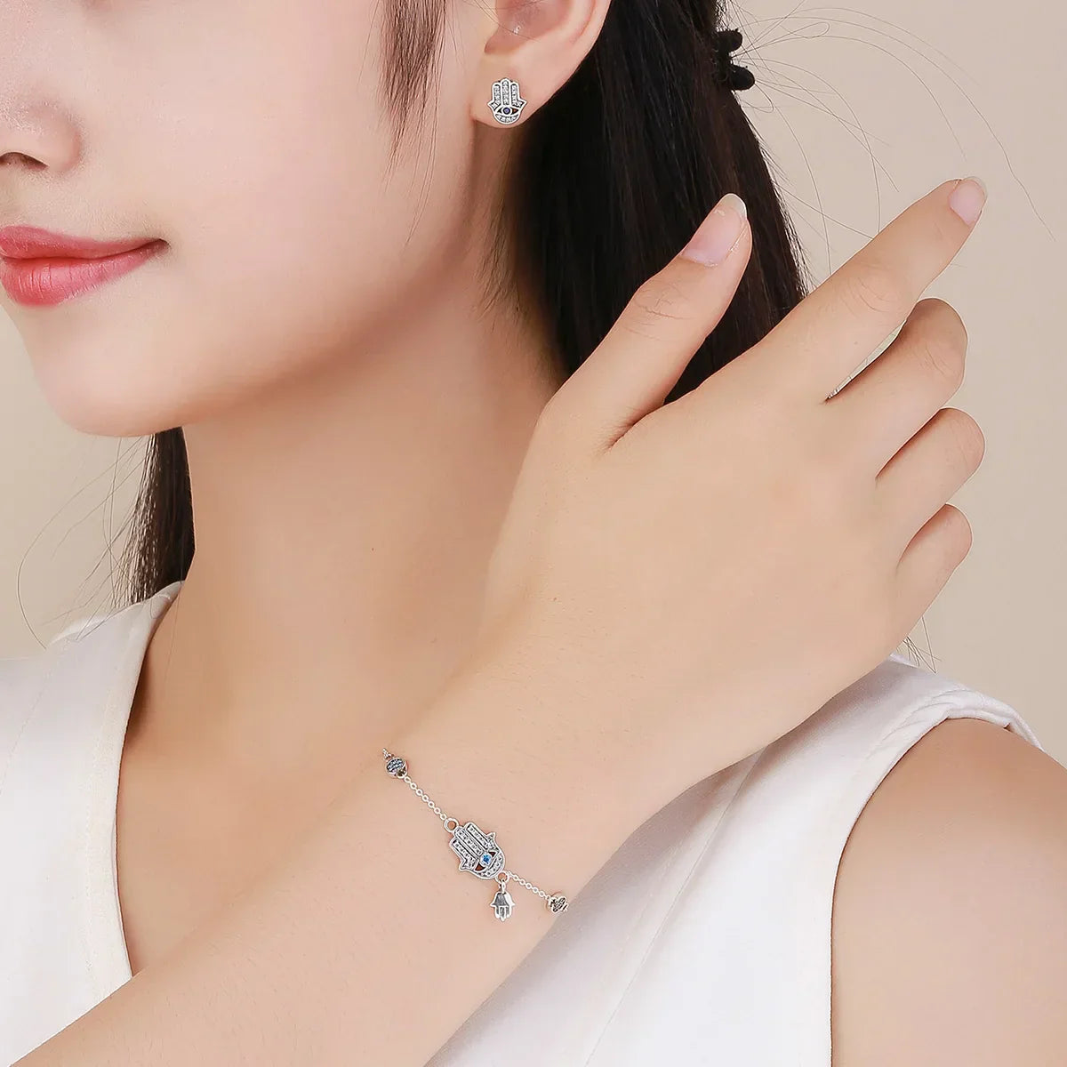 925 Sterling Silver Fatima Hand Lucky Chain Link Bracelet Blue Evil Eye Lobster Clasp Adjustable Hamsa Chain Bracelet