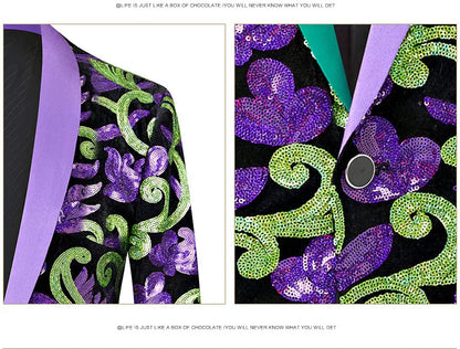 2024 New Flat Velvet Large Flower Sequin Jacquard Mens Blazer, Purple  Stage Performance Suit Dress, Host Fashion Show Jacket