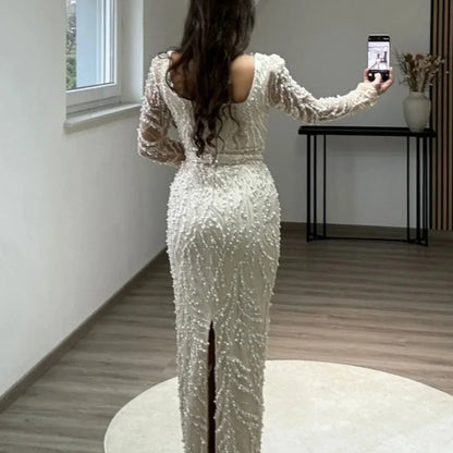 Dubai Beading Pearls Wedding Dress Square Collar Long Sleeves vestidos de noche Rear Forks فساتين سهرة Customized 2025