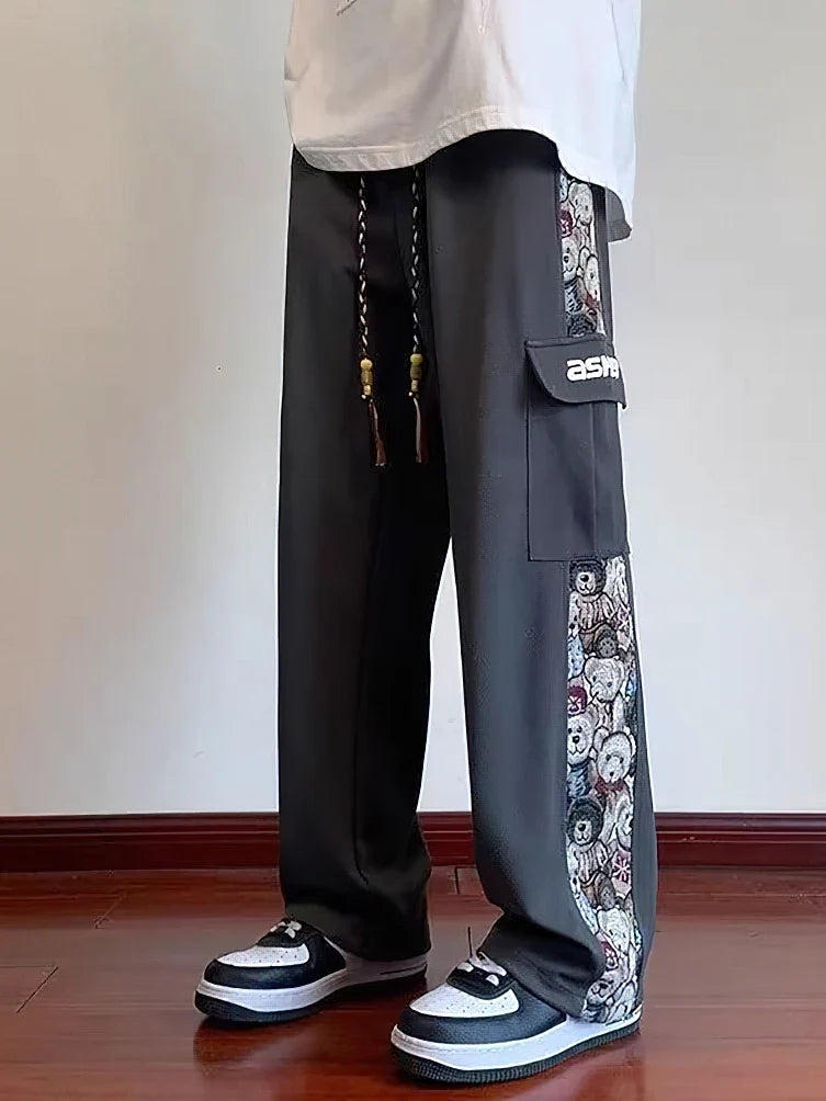 Japanese Anime Wide leg Straight Cargo Pants Men Streetwear Baggy Long Trousers Cotton Casual Patchwork Student 2023 New