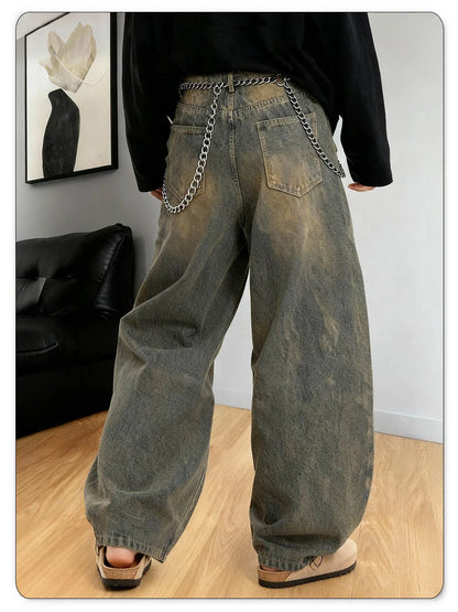 American Retro Baggy Wide Leg Jeans Men's Streetwear Distressed Y2K Clothing Casual Daily Four Seasons Denim Pants Unisex