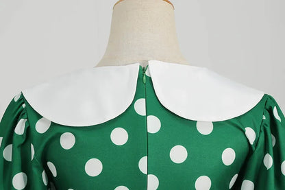 Elegant Women Summer Dress Puff Short Sleeve Polka Dot Peter pan Collar Vintage A-line Midi Long Party Sundress