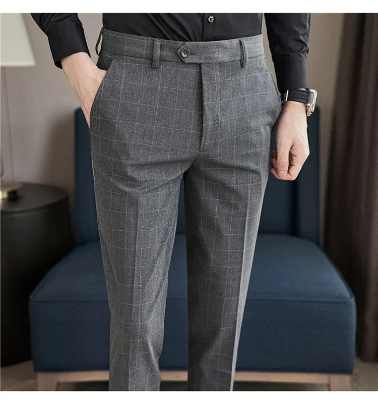2026 High Quality Men's Plaid Striped Suit Pants Fashion Business Slim Fit Casual Straight Pants Formal Wedding Party Trousers