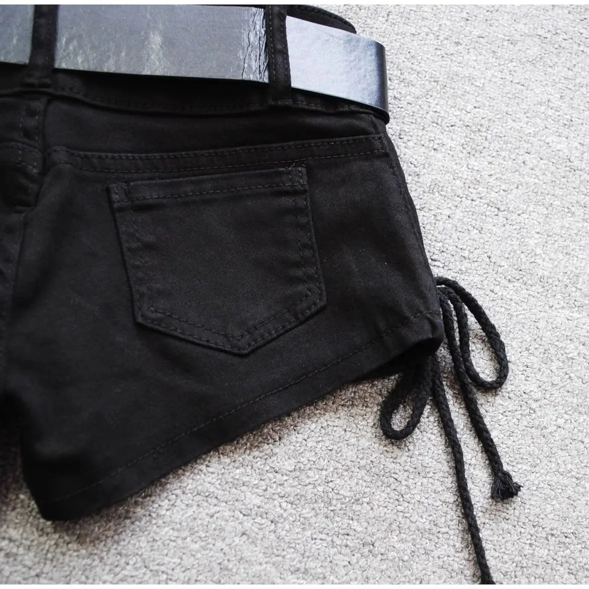 Korean Low Rise Denim Shorts 2024 - Riveted Lace Up Bodycon Black Hot Pants Vintage Cheeky Booty Summer TikTok Y2K Outfit