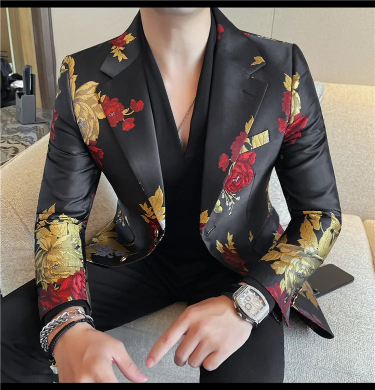 New Men Embroidered Jacquard Slim Fit Casual Suit Jacket Formal Prom Party Stage Costume Man Tuxedo Gentleman Blazers Suit Tops