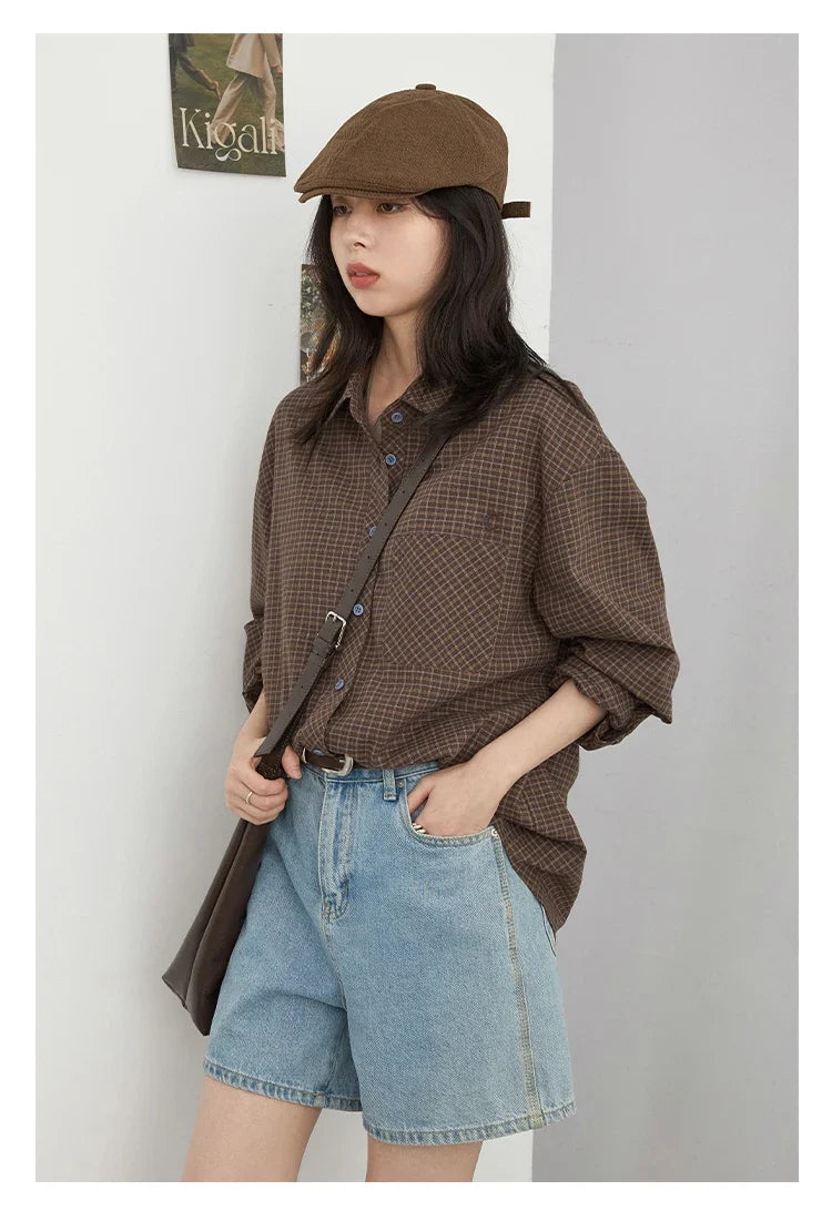 Women Shirt Loose Casual Single-breasted New Retro Contrast Plaid Embroidered Blouses Female Top Autumn Winter 2026