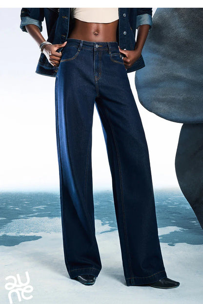 Women Denim Jeans 2025 Spring New Acetate Wide Leg Mid Low Waist Slim Fit Straight Wide Leg Pants