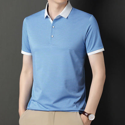 2024 Men's New Striped Cotton Business Casual Short Sleeved POLO Shirt Fashion Short Sleeved Comfortable and Breathable Top