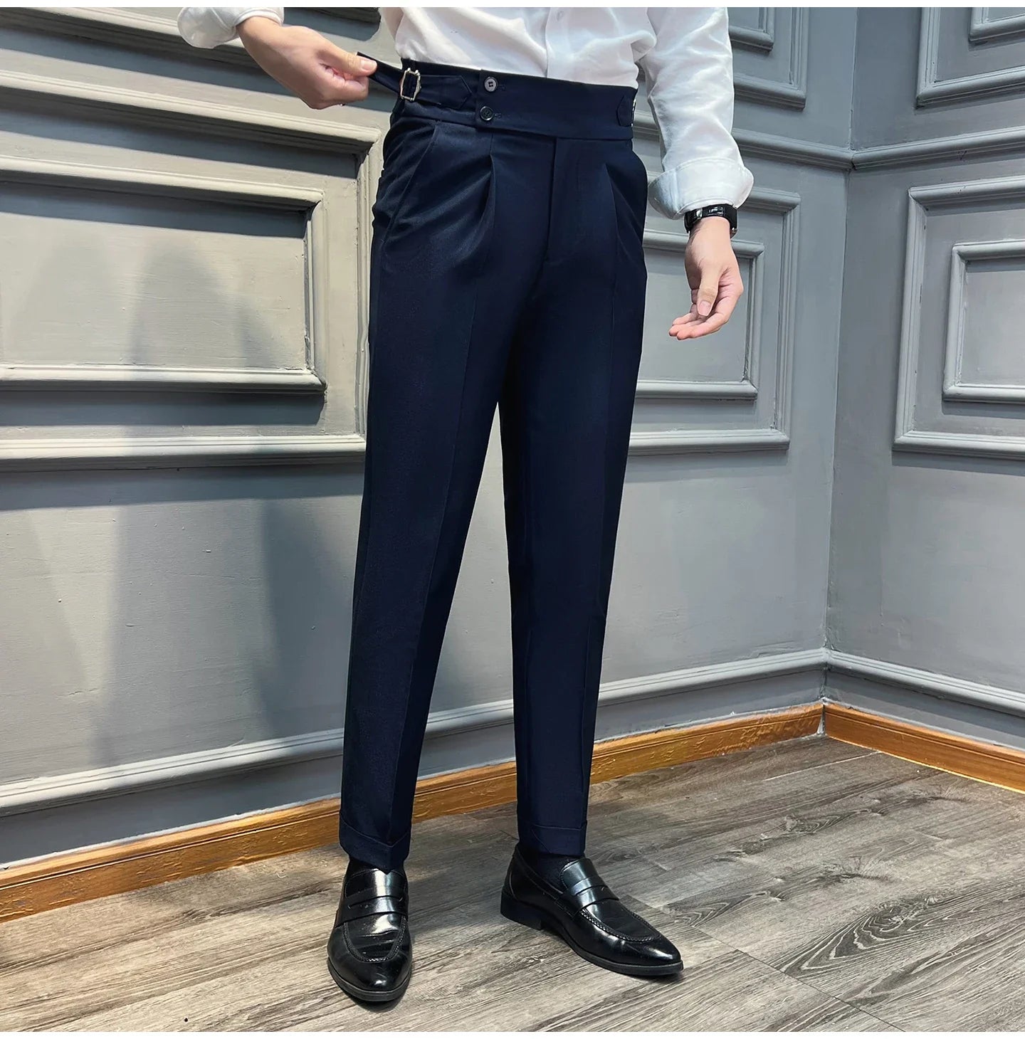 Italian Style Naples High Waisted Straight Pants Men High Quality Solid Color Business Casual Formal Office Social Suit Pants