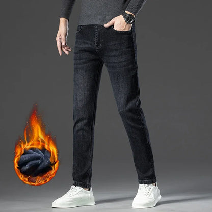 Men's Thicken Fleece Straight Jeans Winter Business Casual Stretch Denim Pants Warm Plush Brand Trousers Pans Male Classic