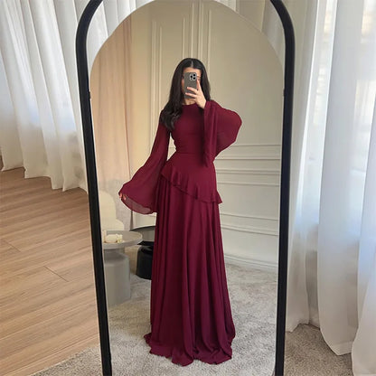Women Chiffon Solid Ruffled Dress Flare Sleeve Round Neck 2025 New Elegant Maxi Gown Evening Party Fashion Holiday Lady