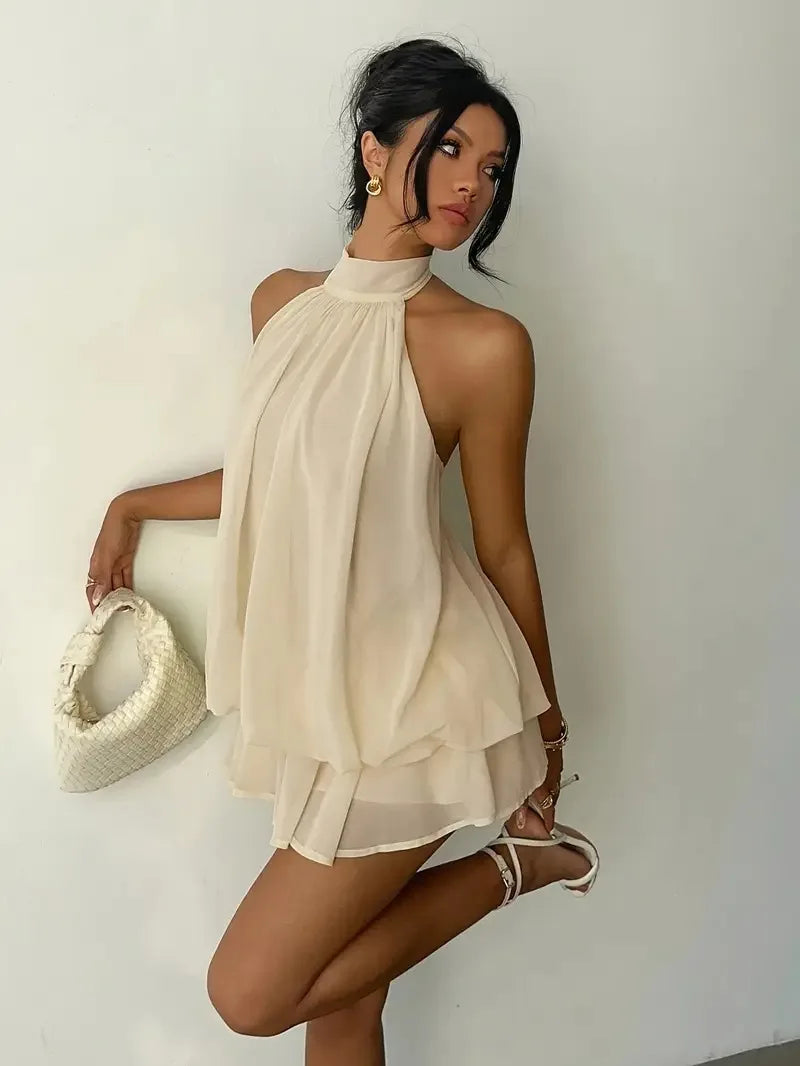 Women's Halter Neck Dress, Backless Tie-Front Chiffon Sheer Mini Skirt, Fashionable Sexy Y2K Vintage Cute Party Birthday Dress