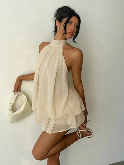 Women's Halter Neck Dress, Backless Tie-Front Chiffon Sheer Mini Skirt, Fashionable Sexy Y2K Vintage Cute Party Birthday Dress