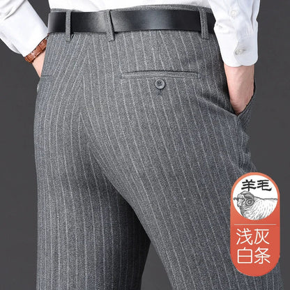 Cashmere Suit Pant For Men Loose Striped Hight Waist Wool Trousers Classic Straight Formal Mens Dress Pants Business Size 42 44