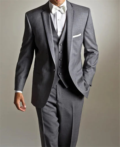 Grey Wedding Men Tuxedos Stand Collar Suit Men's Business Office Slim Fit Good Quality Male Suits 3 Pieces Sets