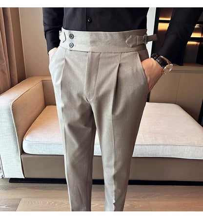 Autumn Winter High Waist Business Dress Pants Men Casual Belt Design Slim Suit Pants Formal Wedding Social Party Male Trousers