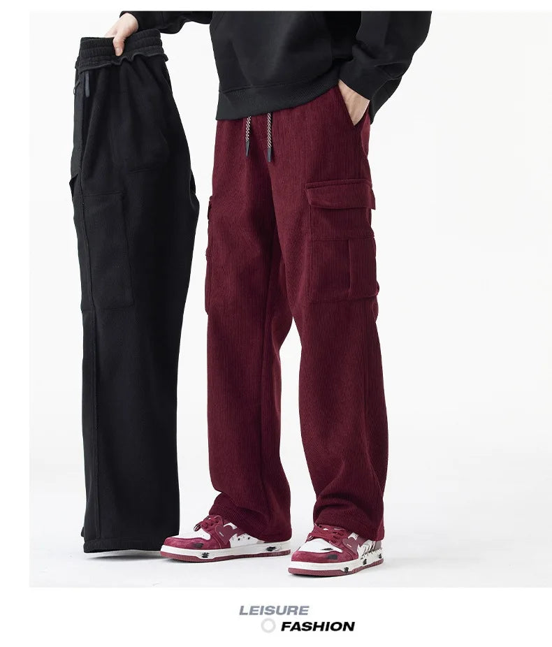2026 New in Winter Corduroy Pants Men Straight Wide Leg Cargo Trouser Male Elastic Waist Loose Fit Thick Brown Warm Fleece Plush