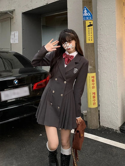 Sweet Style Suit Dress Korean Drama Main Character Waist Cinched Beautiful  Skirt College Style High Waist Double Breaste...