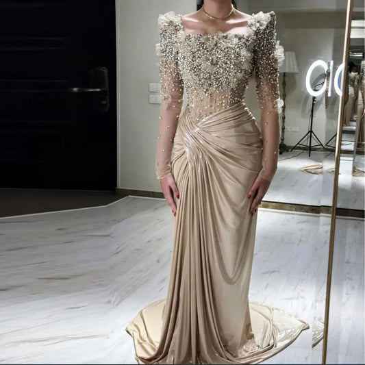 Customized Pleated Mermaid Evening Dresses Crystals Beads Long Sleeves Formal Occasion Gowns With 3D Floral Appliques