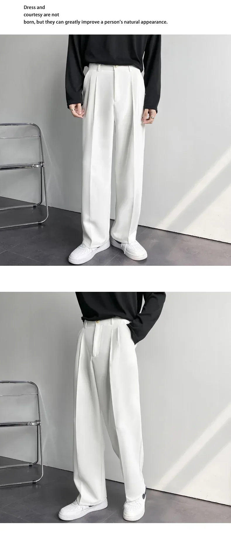 2024 Spring Autumn Men's Fashionable White Korean Style Casual Pants Street Draped Straight Loose Suit Casual Trousers Male