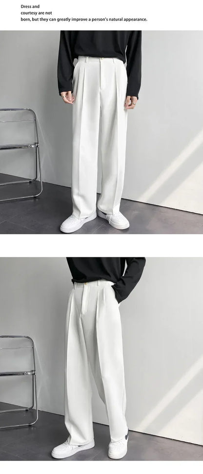2024 Spring Autumn Men's Fashionable White Korean Style Casual Pants Street Draped Straight Loose Suit Casual Trousers Male