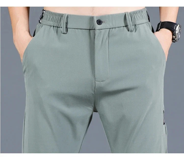 2026 Summer New Thin Ice Silk Stretch Men's Pants Casual Elastic Waist Smooth Trouser Pants Male Brand Clothing 5 Colour