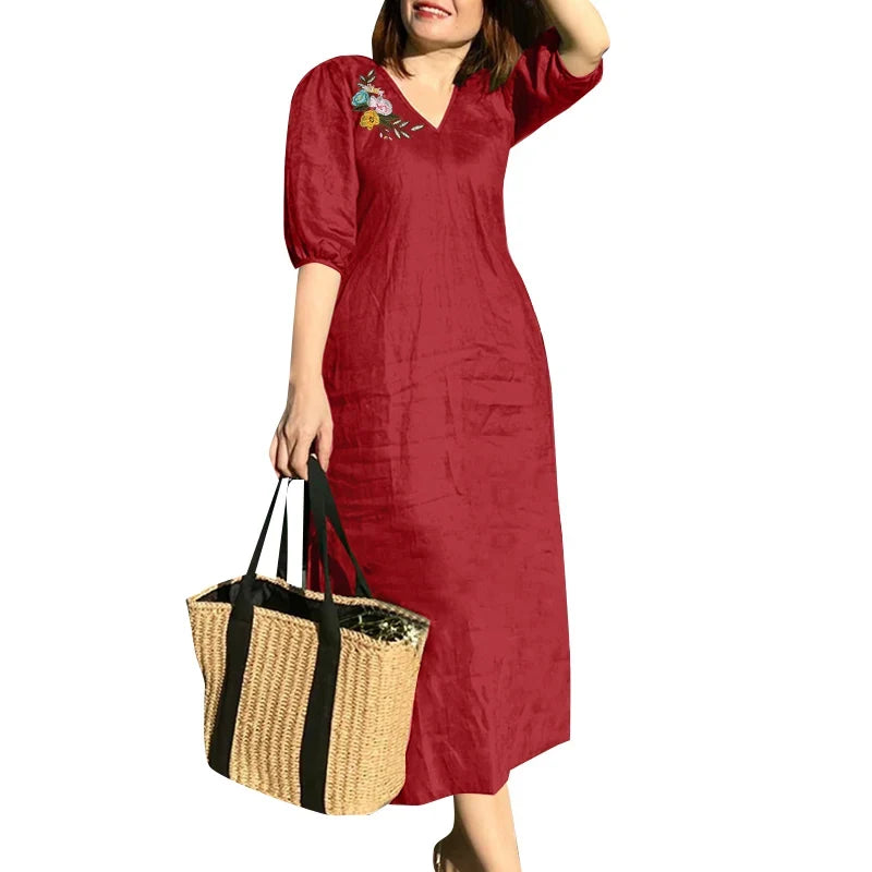 Women V Neck A-line Vestidos Solid Holiday Casual 2024 Summer Dresses Commute Half Sleeve Floral Embroidery Midi Dress