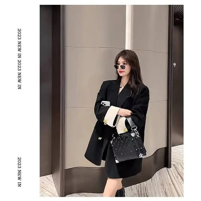Black Casual Commuter Loose Fit Premium Suit Jacket Spring Autumn New Style Korean Version Fashionable Polyester Fiber Full Slee